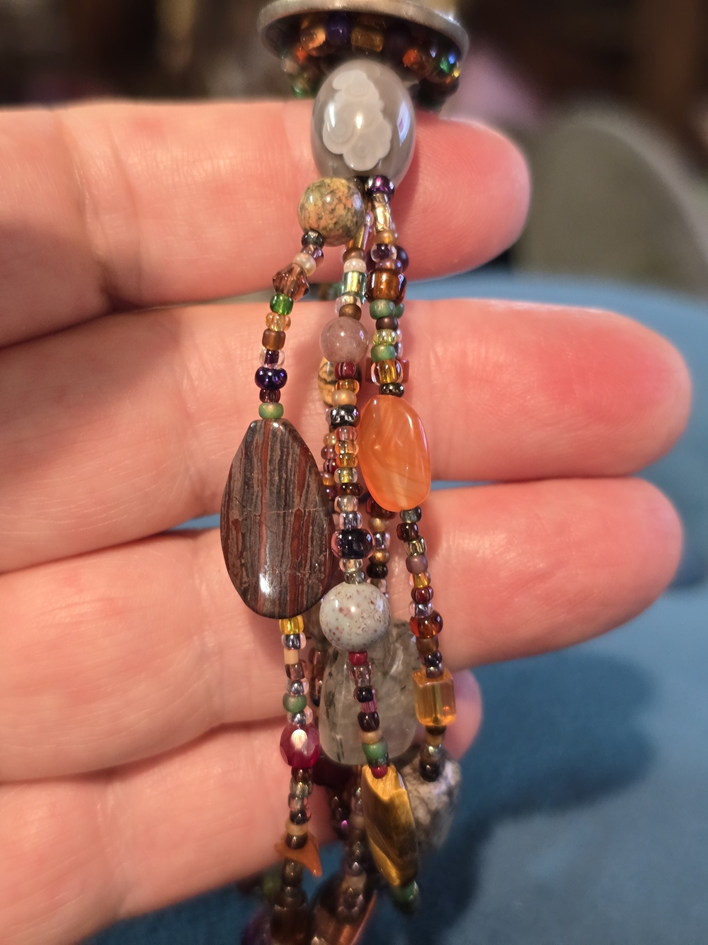 Artisan Multicolor Multi-Gemstone Beaded Wrap Bracelet with Silver Coin Closure - Picture 5 of 7